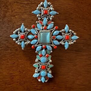 Turquoise and Red Gemstone Cross Pendant